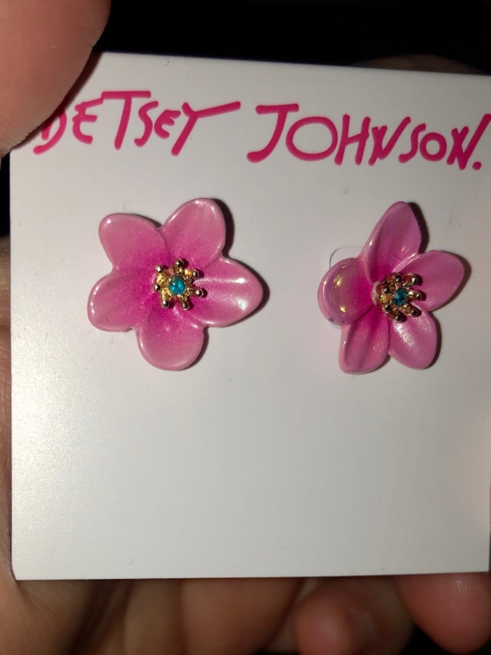 Betsey Johnson Iridescent Pink Flower Studs with Blue crystal Tropical Summer